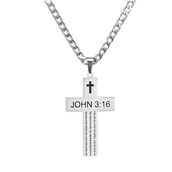 Stainless Steel Cross Necklace Engraved John 3:16 Classic Faith Jewelry Gift - Picture 2 of 7